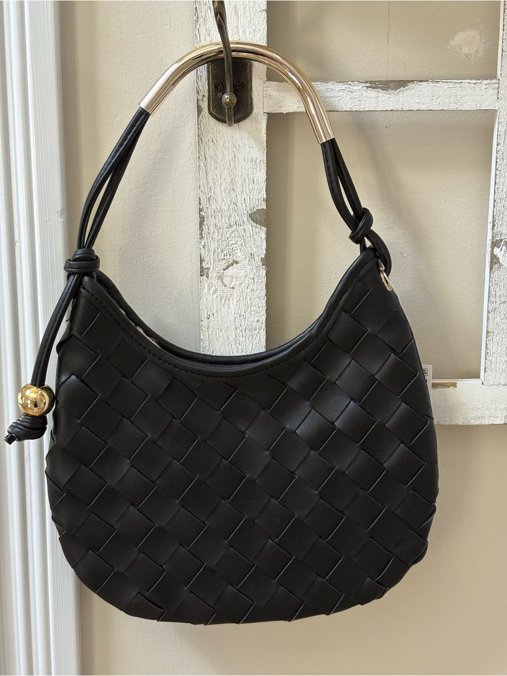 Moda Luxe Black Woven Shoulder Bag with Gold Handle